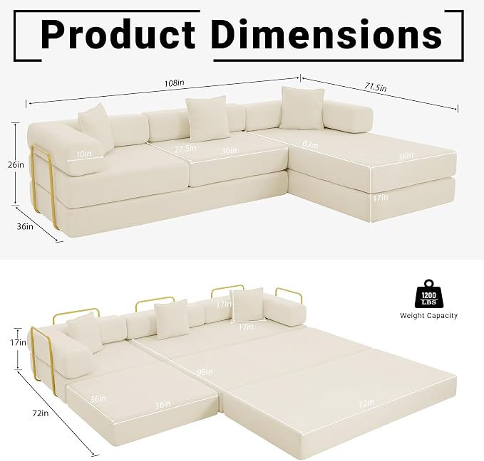 ivoros 108" Oversized Convertible Sleeper Sofa Bed, Corduroy L Shape Sectional Couch, Folding Sofa Bed with Fixed-Shape Frame, Modern Cloud Floor Mattress Couch, Modular Sofa for Living Room, Beige