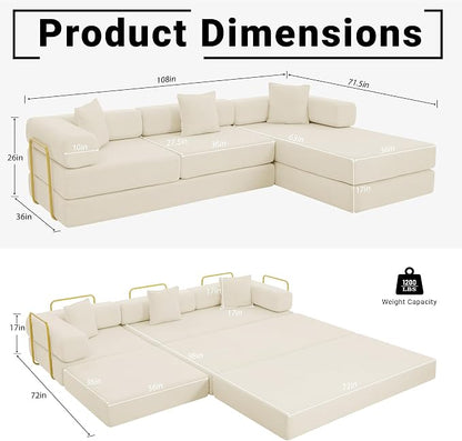 ivoros 108" Oversized Convertible Sleeper Sofa Bed, Corduroy L Shape Sectional Couch, Folding Sofa Bed with Fixed-Shape Frame, Modern Cloud Floor Mattress Couch, Modular Sofa for Living Room, Beige