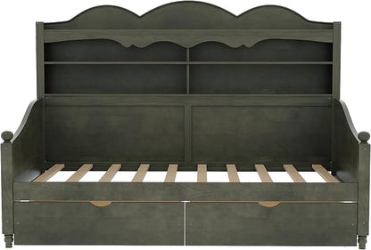 Merax Twin Daybed with Storage Drawers, Wood Twin Day Bed with 3-Tier Storage Headboard Shelves, Retro Style Twin-Size Daybed for Bedroom Guest Room, No Box Spring Needed, Easy Assembly, Grey