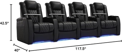 Weilianda Home Theater Seating Top Grain Leather Zero Gravity Recliner Chair Power Headrest Recline Movie Seat Gaming 7 Colors Mood Light Sofa with Tray Table USB Charge Row of 4 Black