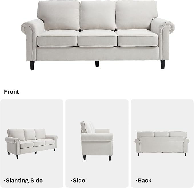 Kingfun 3 Seater Couch, Mid Century Modern Sofa with Rolled Arms and Deep Seats, Fluffy Comfort for Living Room, Apartment, Easy Assembly, Beige