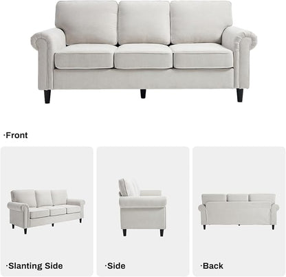 Kingfun 3 Seater Couch, Mid Century Modern Sofa with Rolled Arms and Deep Seats, Fluffy Comfort for Living Room, Apartment, Easy Assembly, Beige