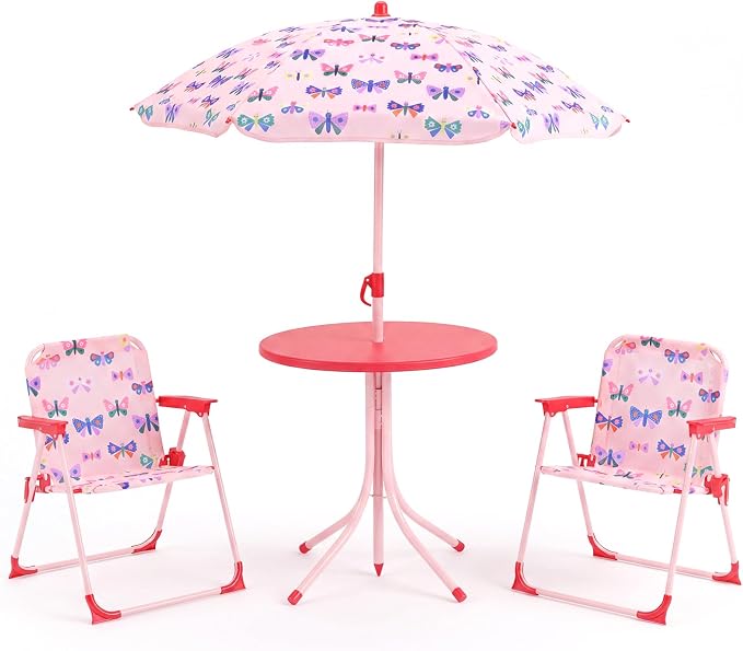 Costzon Kids Picnic Table, Kids Outdoor Table with 2 Folding Chairs, Height Adjustable Umbrella, Portable Children Outdoor Furniture for Patio, Garden, Backyard (Pink Butterfly)