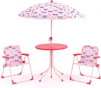 Costzon Kids Picnic Table, Kids Outdoor Table with 2 Folding Chairs, Height Adjustable Umbrella, Portable Children Outdoor Furniture for Patio, Garden, Backyard (Pink Butterfly)