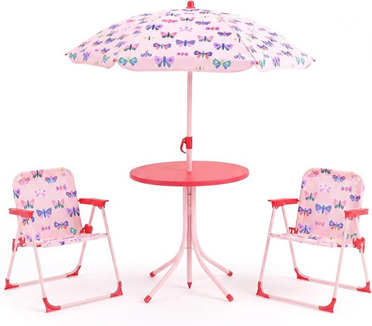Costzon Kids Picnic Table, Kids Outdoor Table with 2 Folding Chairs, Height Adjustable Umbrella, Portable Children Outdoor Furniture for Patio, Garden, Backyard (Pink Butterfly)