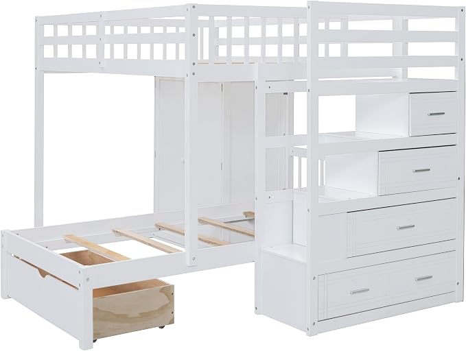 Merax Full Over Twin Bunk Bed with Wardrobe and Drawers, White