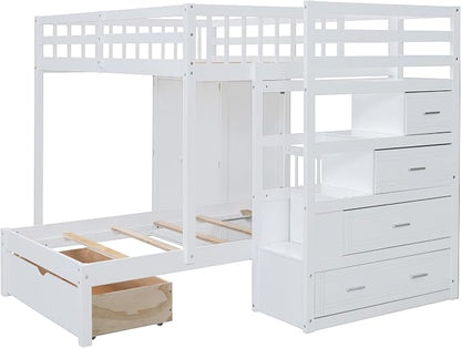 Merax Full Over Twin Bunk Bed with Wardrobe and Drawers, White