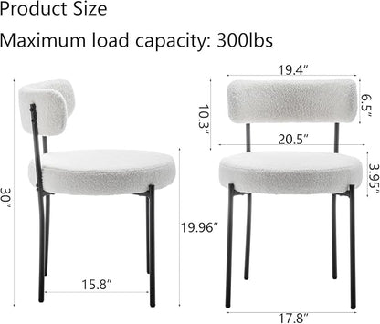 Cinxzar White Boucle Dining Chairs Set of 2, Upholstered Dining Room Chairs with Black Metal Legs, Round Modern Dining Chair for Dining Room, Kitchen