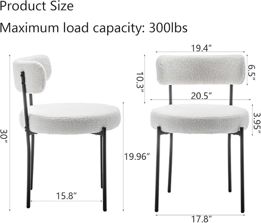 Cinxzar White Boucle Dining Chairs Set of 2, Upholstered Dining Room Chairs with Black Metal Legs, Round Modern Dining Chair for Dining Room, Kitchen