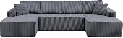 124" Modular Sectional Sleeper Sofa, Boneless Cloud Couch for Living Room, U Shaped 5 Seat Sofa with 2 Storage Pockets& 2 Cup Holders, Free Combination, No Assembly Required