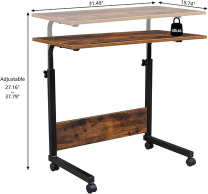 Karl home Mobile Side Table 31.5 Inch Computer Desk with Wheels Height Adjustable Rolling Potable Laptop Cart, C-Shaped Bed Couch End Tables with Edge Stopper for Livingroom Bedroom, Rustic Brown