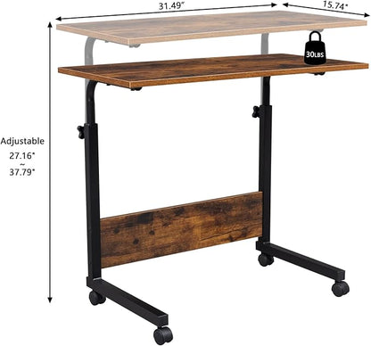 TV Tray Bed Side Table, Portable Rolling Desk Hospital Bed Laptop Table, Small Standing Desk with Wheels Adjustable Height for Sofa, Bedside, Tablet Use, Secure Non Tilt, 31.5" W, Brown