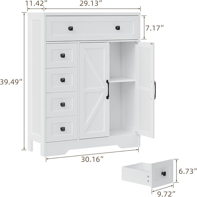 Vabches Farmhouse Storage Cabinet with 2 Doors and 5 Drawers, Freestanding Bathroom Cabinets Kitchen Pantry, Floor Storage Cabinet Hutch Cupboard for Living Room/Bathroom/Kitchen.White