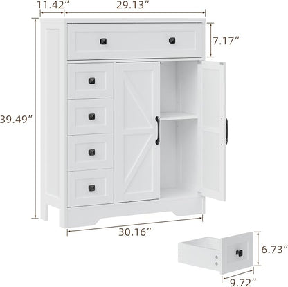 Vabches Farmhouse Storage Cabinet with 2 Doors and 5 Drawers, Freestanding Bathroom Cabinets Kitchen Pantry, Floor Storage Cabinet Hutch Cupboard for Living Room/Bathroom/Kitchen.White
