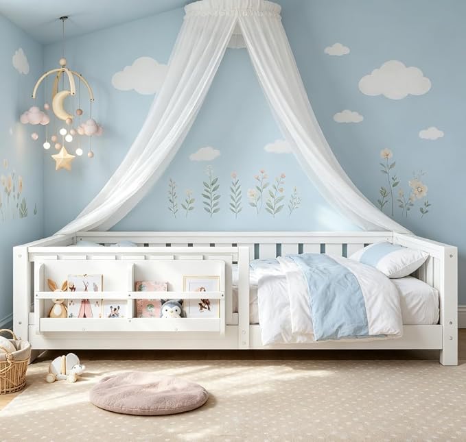 Bellemave Twin Floor Bed with high Rails and with Built-in Bookshelf for Kids, Girls, Boys, Wood Montessori Floor Bed Without Door, White
