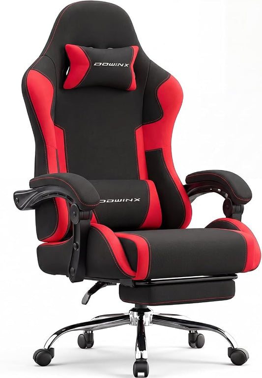 Dowinx Ergonomic Gaming Chair with Footrest & Massage Lumbar, 2D-Linkage Armrests for Computer Chair 330lbs with Headrest Pillow for Office, Home, Streaming and Long Gaming Sessions, Fabric Dark Red