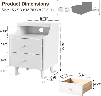 Narrow Nightstand with 2 Drawers,White Nightstand,Bedside Table,Solid Wood Modern Bedside Table for Bedroom,Study,Toilet