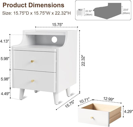 Narrow Nightstand with 2 Drawers,White Nightstand,Bedside Table,Solid Wood Modern Bedside Table for Bedroom,Study,Toilet