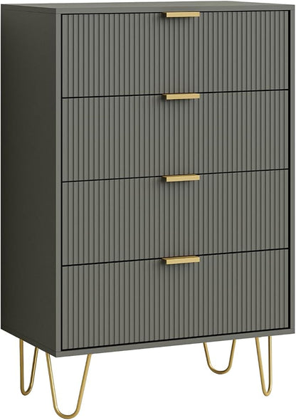 Masupu 4 Drawer Dresser, Drawer Chest, Tall Storage Dresser Chest Cabinet Organizer Unit with Gold Metal Legs, Nightstand for Bedroom, Living Room, Closet, Hallway Gray Stripe