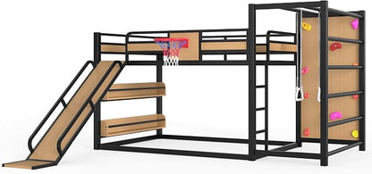 Bellemave Full Size Bunk Bed with Basketball Hoop, Pull-up Rings and Climbing Wall, Full Bunk Bed with Slide and Bookcase, Heavy Duty Bunk Beds with Guardrail, Natural