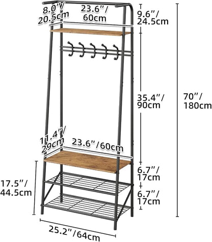 IDEALHOUSE Coat Rack Shoe Bench with 5 Hooks, Hall Trees Entryway Bench with Storage, Multifunctional Hallway Organizer, Wood Look Accent Furniture with Metal Frame for Entryway, Living Room, Bedroom