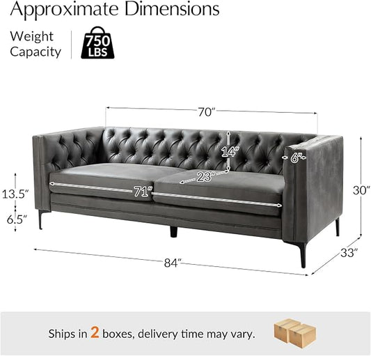 HULALA HOME 84" W Faux Leather Sofa Couch with Metal Legs, Button-Tufted 3-Seater Sofa, Mid Century Modern Contemporary Upholstered Couch for Living Room, Entertainment Area, Apartment,Grey