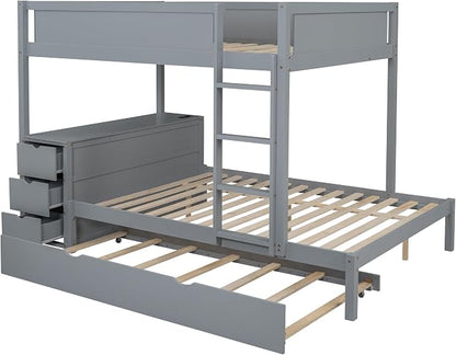 Harper & Bright Designs Full Over Full Bunk Bed with Twin Size Trundle, Wood Full Bunk Bed with USB Ports, Storage and Desk, Gray