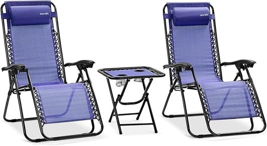 SereneLife Outdoor Zero Gravity Lounge Chair Set with Table – 2 Adjustable Recliners with Cup Holders, Headrest, Steel Frame & Foldable Design for Patio, Pool, Garden, or Camping