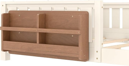 Bellemave Queen Floor Bed with Slats and Rails, Queen Size Montessori Floor Bed with Bookcase and Fence, Easy Assemble Montessori Beds for Girls, Boys, Beige Floor Beds