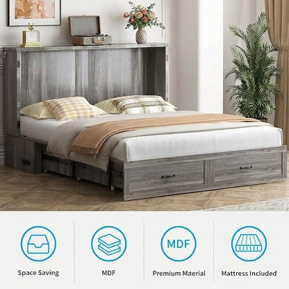 Mjkone Queen Murphy Bed, Cabinet Beds Queen Size with Tri-Fold Mattress Included, Charging Station, Hidden Storage Drawers, Space Saving Murphy Chest Beds, Cabinet Guest Wall Bed for Apartment, Grey