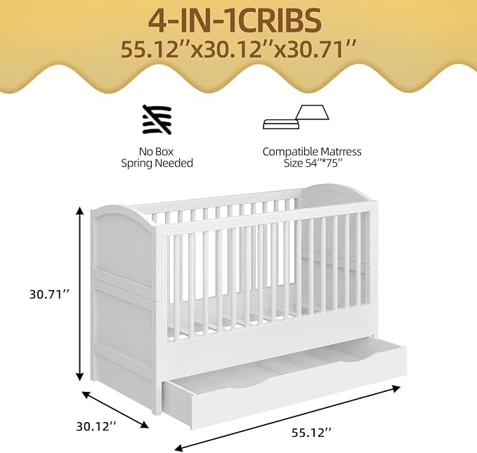 4-in-1 Convertible Crib, Converts to Toddler Bed and Full Bed