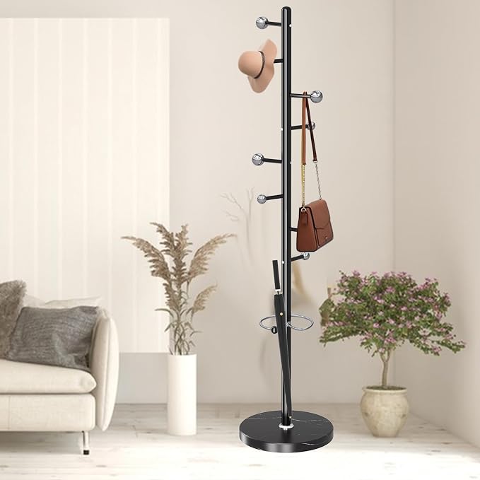 Modern Metal Coat Rack Stand, Coat Rack Freestanding with Natural Marble Base, Sturdy Heavy Duty Coat Racks with 8 Hooks, Black Coat Hall Tree Stand for Entryway, Office