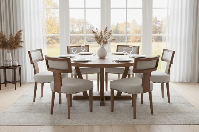 RIVOVA Mid Century Modern Dining Chairs Set of 6 PU Leather Upholstered Kitchen Side Chairs with Nailhead Trim, Modern Kitchen Armless Solid Wood Dining Chairs, Grey