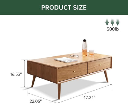 47.24" Solid Wood Coffee Table with Large Storage for Living Room, Oak Coffee Table with 4 Drawers, Mid-Century Modern Coffee Tables for Home (Original Wood Color)