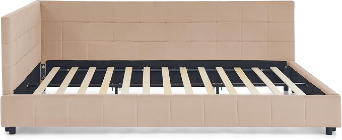 Bellemave Queen Size Corner Bed Frame with Comfortable Backrest and Armrests, Velvet Tufted Corner Bed Frame Queen Size, Upholstered Daybed for Bedroom, Living Room, Guest Room, Pink