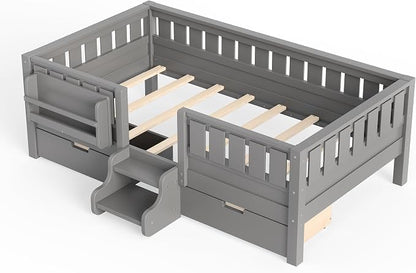 Bellemave Twin Bed with Storage Drawers & Bookshelf, Low Profile Kids Bed Frame with Staircase & Full Length Guardrails, Solid Wood Twin Bed for Kids with Slats Load 300LBS, Easy Assembly, Grey