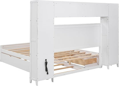 Merax Queen Size Wooden Bed with All-in-One Cabinet and Shelf, White Platform Bed Frame with 2 Drawers, Trundle and Sockets