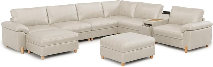SITJOY Large Cloud Couch, 138" Wide 6 Seater V Shaped with Console, White | Pet-Friendly Scratch-Resistant Leather Sectional Sofas for Living Room, Deep Seat Wide Couch with Chaise, Storage Ottoman