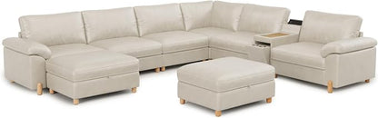 SITJOY Large Cloud Couch, 138" Wide 6 Seater V Shaped with Console, White | Pet-Friendly Scratch-Resistant Leather Sectional Sofas for Living Room, Deep Seat Wide Couch with Chaise, Storage Ottoman