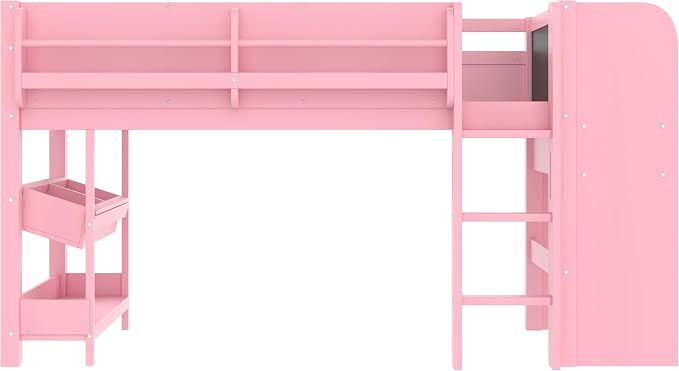 Bellemave Full Size Low loft Bed with Desk and bookcases, Boxes and Drawers for Kids,Wood Modern Farmhouse Kids Loft Bed with Shelf, Pink