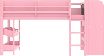 Bellemave Full Size Low loft Bed with Desk and bookcases, Boxes and Drawers for Kids,Wood Modern Farmhouse Kids Loft Bed with Shelf, Pink