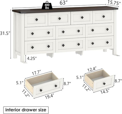 Gyfimoie 10-Drawer Dresser, 63" Farmhouse Wood Storage Chest of Drawers, Long Dresser TV Stand for TVs up to 75", Vintage Wide Dressers Organizer with Metal Handles for Bedroom, White