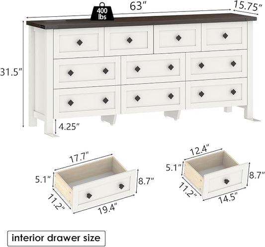 Gyfimoie 10-Drawer Dresser, 63" Farmhouse Wood Storage Chest of Drawers, Long Dresser TV Stand for TVs up to 75", Vintage Wide Dressers Organizer with Metal Handles for Bedroom, White