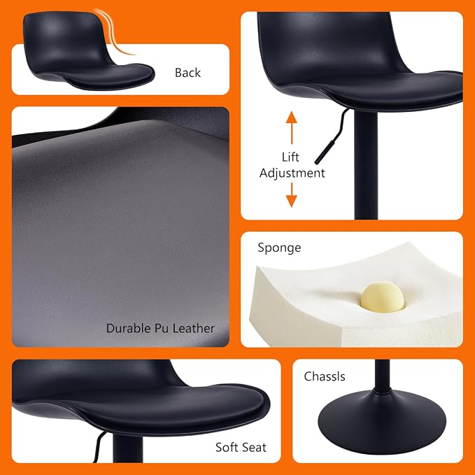Kidol & Shellder Bar Stools Set of 4 Adjustable Swivel Counter Height Stools, Modern PU Leather Upholstered with Back Solid Color Barstools for Kitchen Island Black