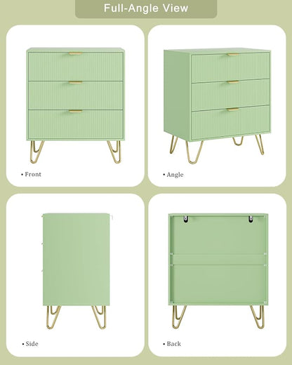 Green Dresser for Bedroom, Modern Fluted 3 Drawer Dresser with Storage, Dresser Chest of Drawers with Gold Handles for Bedroom, Living Room, Closet, Hallway, 15.8" D x 23.6" W x 27.6" H