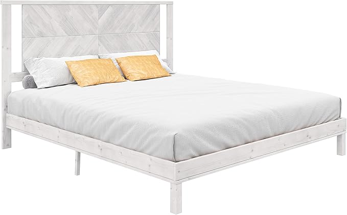 AMERLIFE Solid Wood King Size Bed Frame with Headboard, Mid Century Modern Style Platform Bed with Under-Bed Storage, No Box Spring Needed, Noise Free, Easy Assembly, Antique White