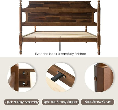 Solid Wood King SizePlatform Bed Frame with Headboard & Footboard, Center Metal Legs, 12 Sturdy Slats Base, Easy Assembly, No Box Spring Needed, Anti-Noise & Slip-Free, Walnut Finish, ROK-37