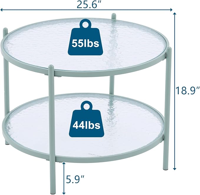 VINGLI 25.6" Small Light Bright Green Round Coffee Table Water-Wave Glass Circle Clear Center Coffee Table with 2-Tier Modern Storage Design for Living Room, Bedroom, Meeting Room, Balcony, Patio