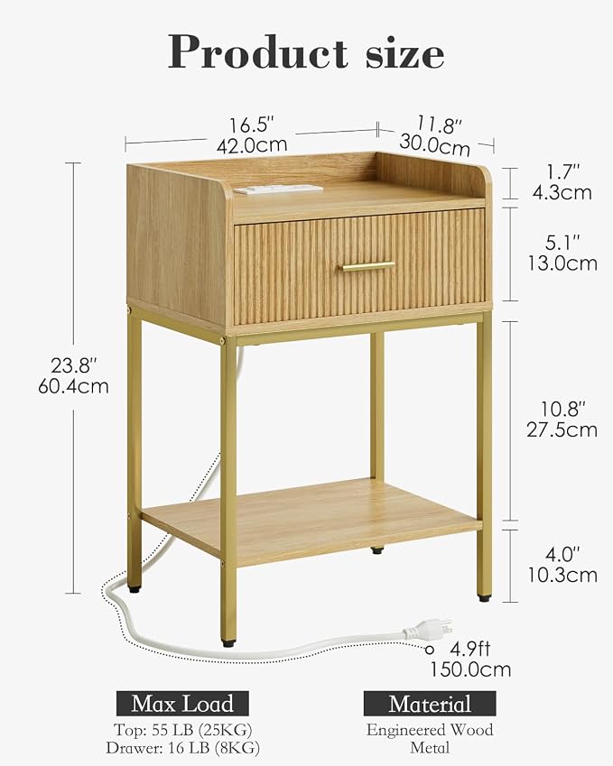 Nightstand with Charging Station, 3-Tier Bed Side Table, Small End Table, Night Standwith Open Shelf and Drawer, Bedside Table for Bedroom, Living Room, Oak