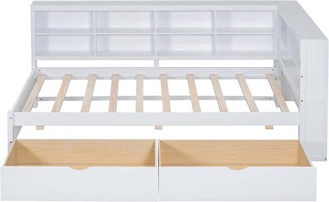 Bellemave Twin Corner Bed Frame, Wood Twin Size Daybed with L-Shaped Bookcase and 2 Drawers，Daybed with Storage Cabinets, White